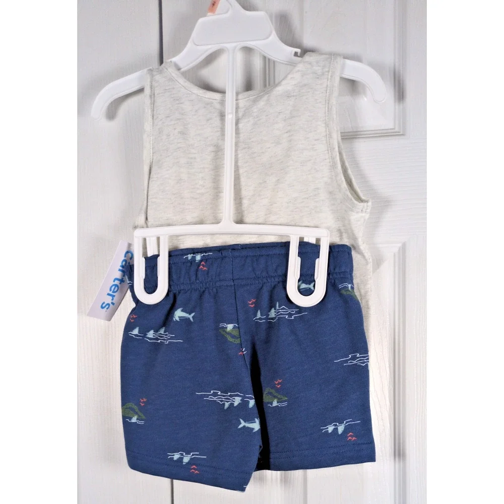 Carter's Boys 2T Tank Top Shorts Set NWT Shark Ready For Waves Gray Blue Summer